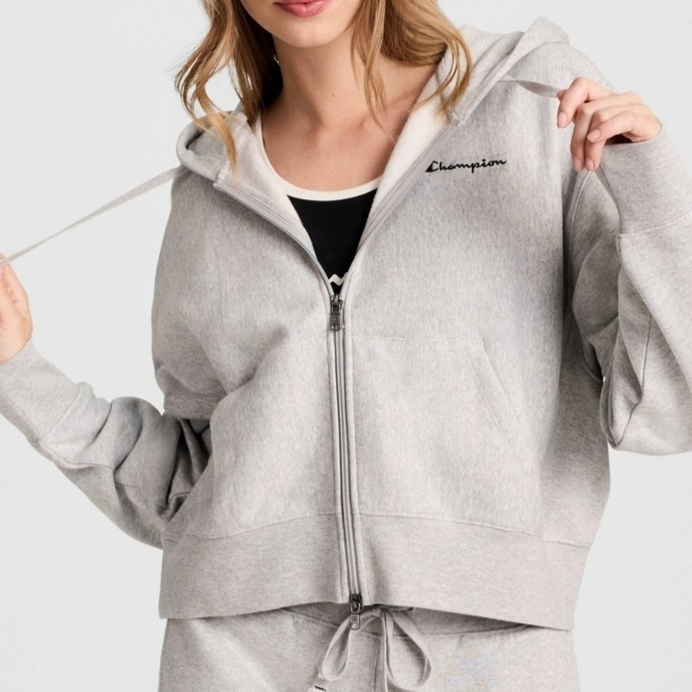 Champion Women's Cropped Fleece Zip-Up Sweatshirt - Heather Gray L